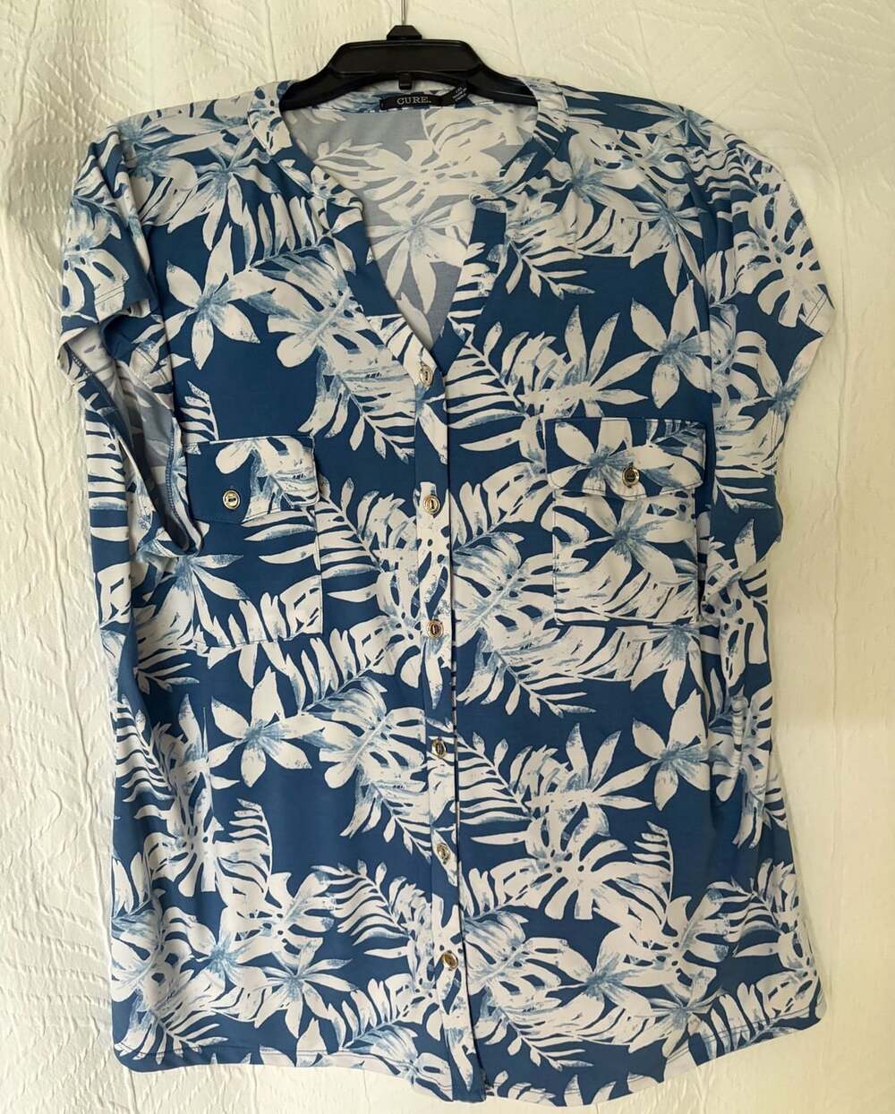 CURE Blouse Size 1XL Blue White Tropical Floral Button Front Pockets